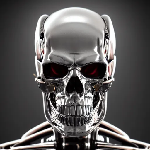 Image similar to skull of t-800 from Terminator, octane render, cgsociety, 4K, symmetrical