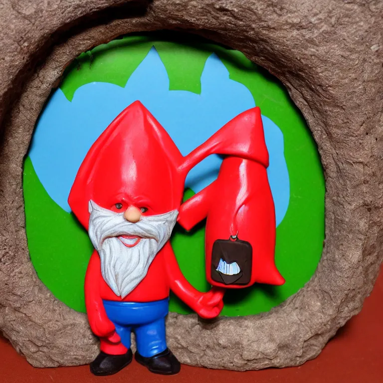 Prompt: gnome wearing backpack, standing in front of a circular portal, open to a red world. in the style of Dr. Suess
