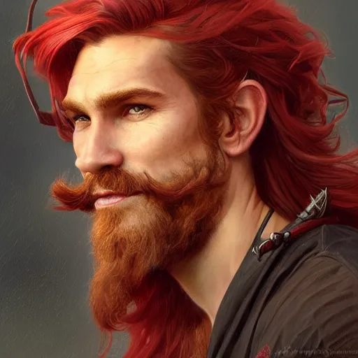 Image similar to portrait of a young ruggedly handsome but joyful pirate, male, masculine, upper body, red crimson hair, long hair, fantasy, devious smirk, intricate, elegant, highly detailed, digital painting, artstation, concept art, matte, sharp focus, illustration, art by artgerm and greg rutkowski and alphonse mucha