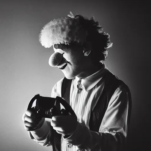 Image similar to an old black & white 5 0 mm close up portrait of a man dressed up as a clown holding a playstation controller in a dark foggy alley