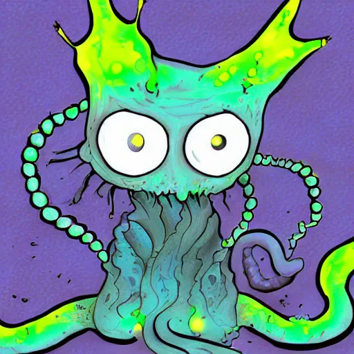 Image similar to a digital painting of lovecraftian ink slime cat with yellow glowing eyes