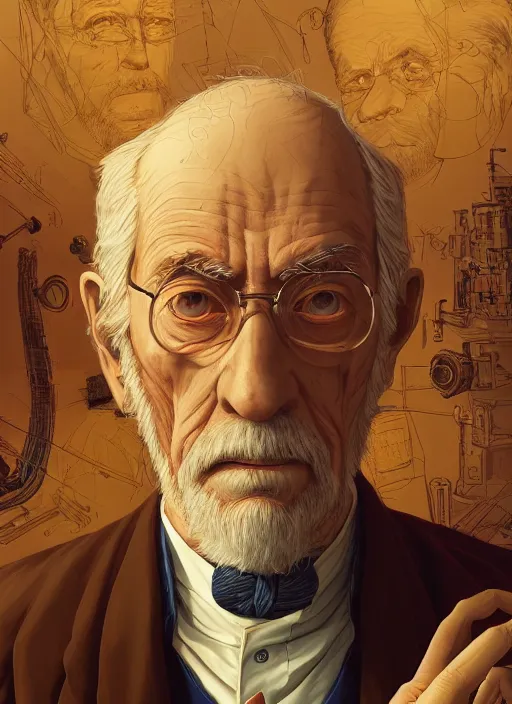 Image similar to portrait of elderly 1 9 th century genius inventor by dan mumford, yusuke murata, makoto shinkai, ross tran, cosmic, intricate detail, cinematic, 8 k, cel shaded, unreal engine, featured on artstation, pixiv