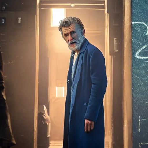 Image similar to tom holland as a rough dirty old man with a scruffy beard in a dark blue trenchcoat as the new doctor who, cinematic, volumetric lighting, f 8 aperture, cinematic eastman 5 3 8 4 film, photorealistic