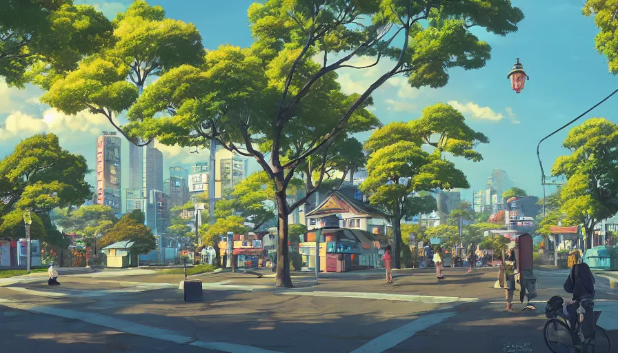 Image similar to A highly detailed matte painting of a japanese urban residential street and park with a bright shimmering sky by Studio Ghibli, Mokoto Shinkai, by Artgerm, by beeple, volumetric lighting, octane render, 4K resolution, trending on artstation, vivid colours