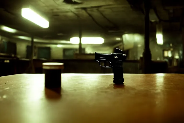 Prompt: film still of closeup pistol taped under table, cinematic, moody, gritty neon noir by emmanuel lubezki