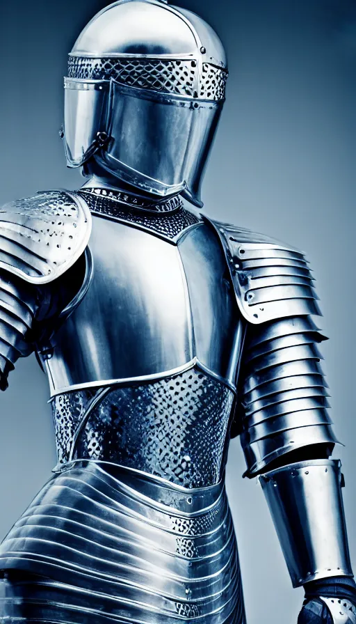 Image similar to female knight, no helmet, blue eyes, armor created by louis vuitton, lv logos all over the metal, symmetrical, cinematic, elegant, professional studio light, real dlsr photography, sharp focus, 4 k, ultra hd, sense of awe