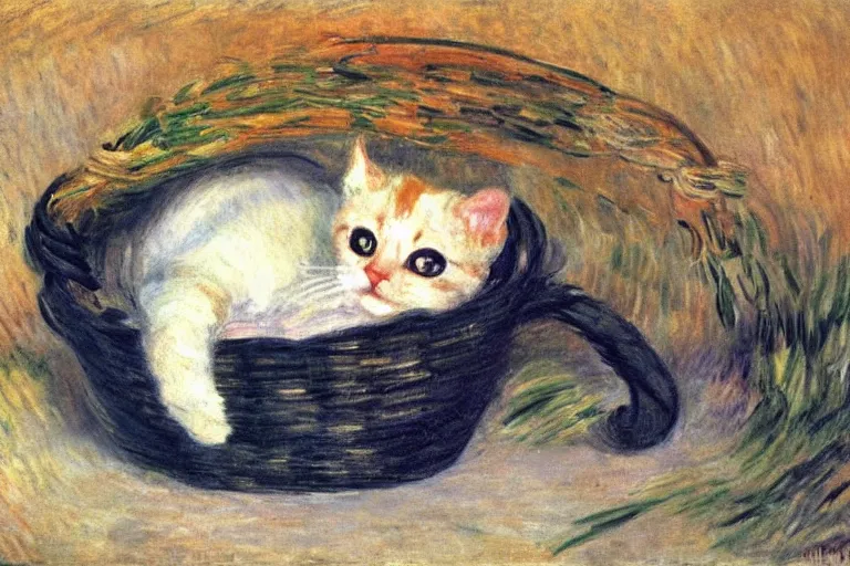 Prompt: a perishing cute kitten coiled up in a basket, snowy outside by Monet, Manet, Renoir