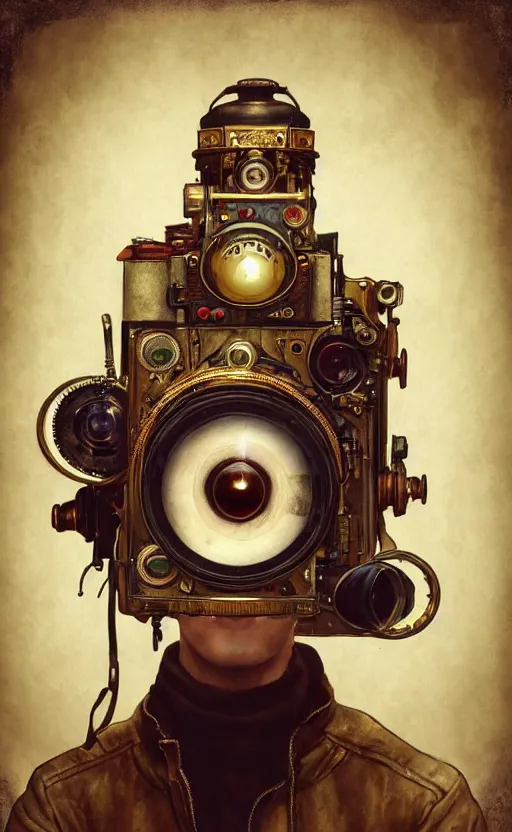 Image similar to hyper realistic male photographer looking through a vintage steampunk medium format camera, design on white background, beautiful details, lush foliage cyberpunk, gold, drawn by john singer sargent, tom bagshaw, norman rockwell, alphonso mucha, lolish, trending on artstation