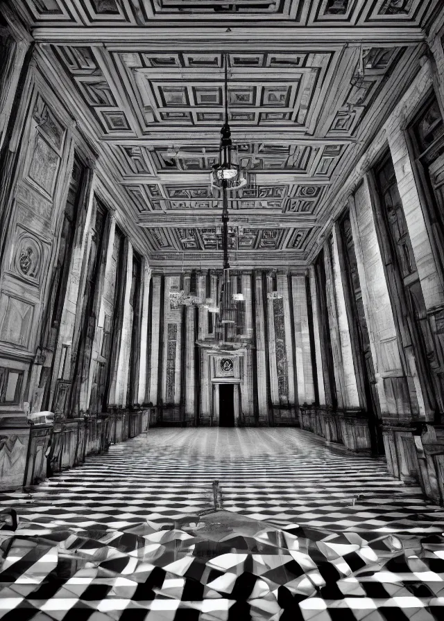 Prompt: interior of a masonic temple, black and white checkered floor, photography, symmetry