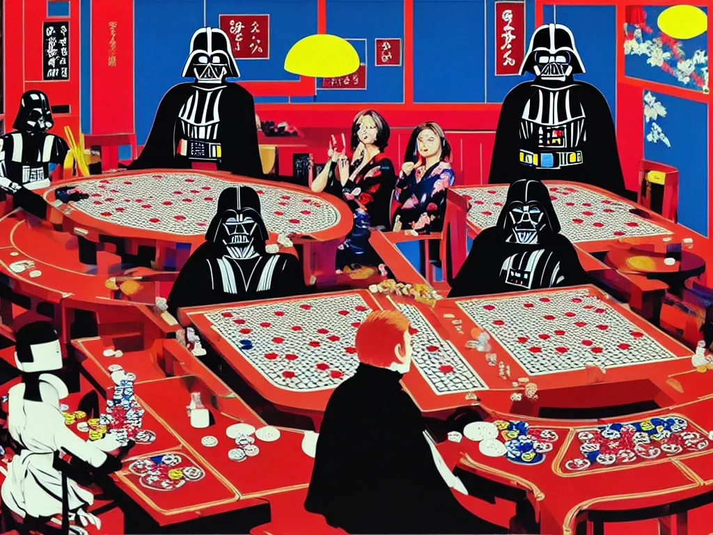 Image similar to hyper - realistic composition of a room with an extremely detailed poker table, woman in traditional japanese kimono standing nearby, darth vader sitting at the table, fireworks in the background, pop art style, jackie tsai style, andy warhol style, acrylic on canvas, dull palette
