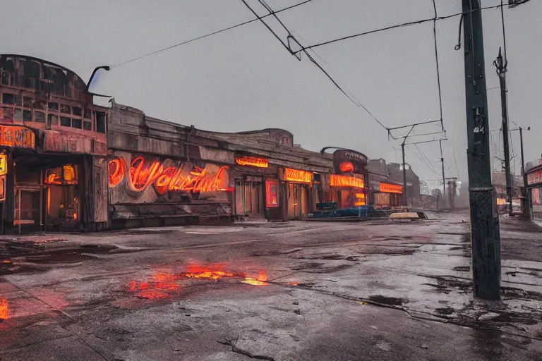 Image similar to low wide angle shot of dilapidated fallout 5, desolate, dilapidated neon signs, few rusted retro futuristic vintage parked vehicles like cars, ( ( ( buses, trucks, trams ) ) ), volumetric lighting, photorealistic, foggy, rain daytime, autumn, overcast weather, sharp focus, ultra detailed, 4 0 0 0 k