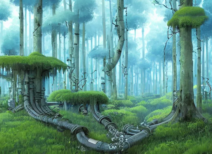 Prompt: Blue wispy forest, villages, tall trees, pipes, moss, by Miyazaki, James Jean, trending on Artstation