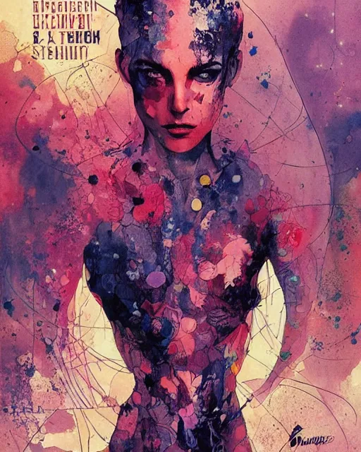 Prompt: comic cover art by david mack and greg rutkowski, spiral full body, tight fit, vivid vector colors, russian female, perfectly symmetrical facial features, hyperdetailed, bleed, spatter, india ink, bill sienkiewicz