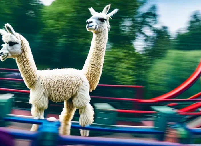 Image similar to film still of a llama riding a roller coaster in disneyland paris, 8 k