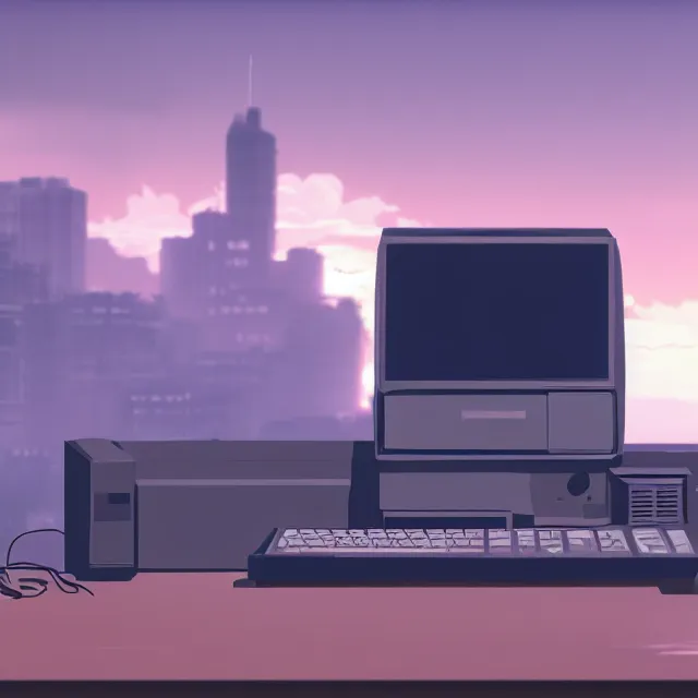 Image similar to an old pc computer, dusty, makoto shinkai