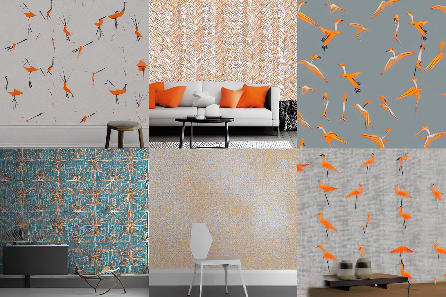 Prompt: a minimalistic tile wallpaper with pencil drawings of many small cranes, orange pastel colors