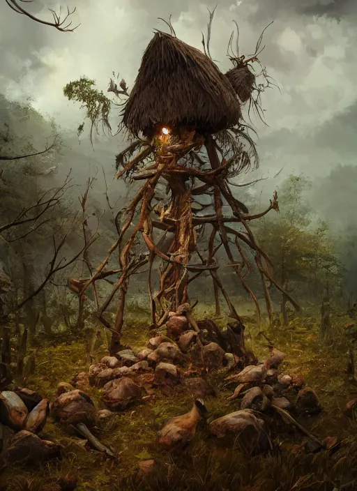 Image similar to a witch hut standing on chicken legs, greg rutkowski, zabrocki, karlkka, jayison devadas, trending on artstation, 8 k, ultra wide angle, zenith view, pincushion lens effect