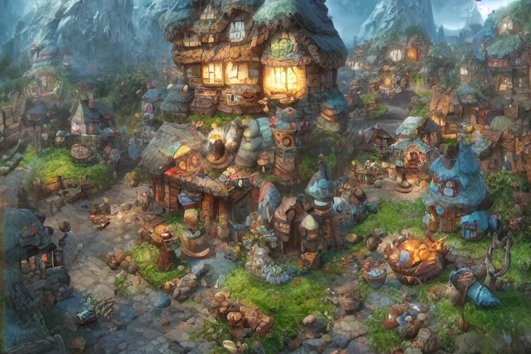 Image similar to dwarf cozy fantasy village street view by artgerm and Craig Mullins, James Jean, Andrey Ryabovichev, Mark Simonetti and Peter Morbacher 16k