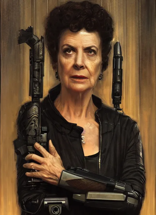 Prompt: aunt bea as a cyberpunk assassin in a cyberpunk stealth suit ( blade runner 2 0 4 9, cyberpunk 2 0 7 7 ). orientalist portrait by john william waterhouse and james gurney and theodore ralli and nasreddine dinet, oil on canvas. cinematic, hyper realism, realistic proportions, dramatic lighting, high detail 4 k