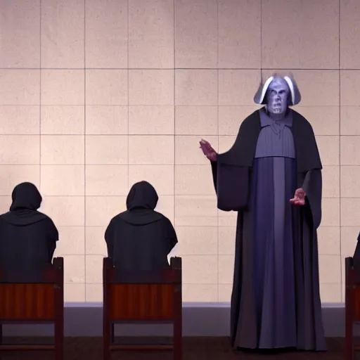 Image similar to emperor palpatine preaching to people at church, 8k cinematic lighting, very sharp detail, anatomically correct