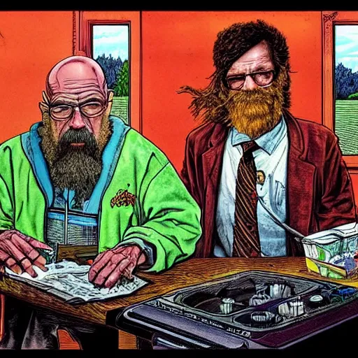 Image similar to The Artwork of R. Crumb and his Cheap Suit Breaking-Bad-Walter-White meth-lab, wearing a bio-hazard suit pencil and colored marker artwork, trailer-trash lifestyle