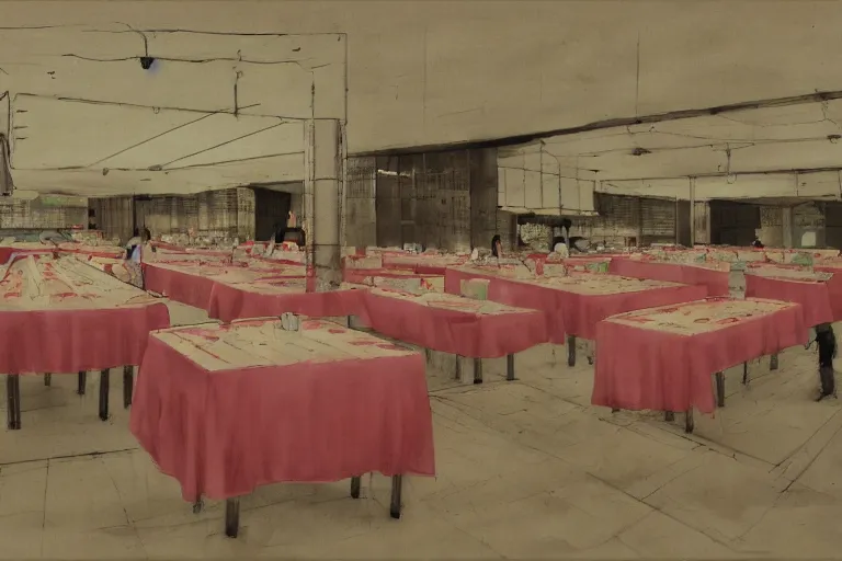 Image similar to 2 0 1 2 watermelon new jersey diner, tables repeat endlessly into the horizon, fruitcore, one point perspective, scene from a kiyoshi kurosawa movie