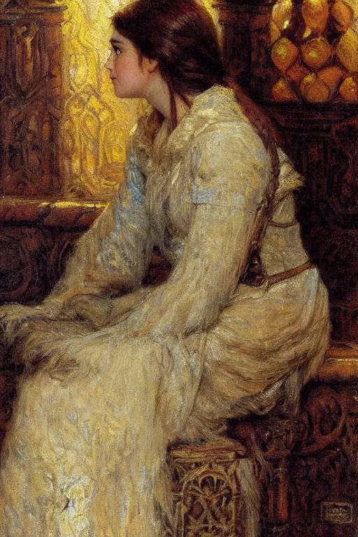 Image similar to portrait of arya stark. art by gaston bussiere.