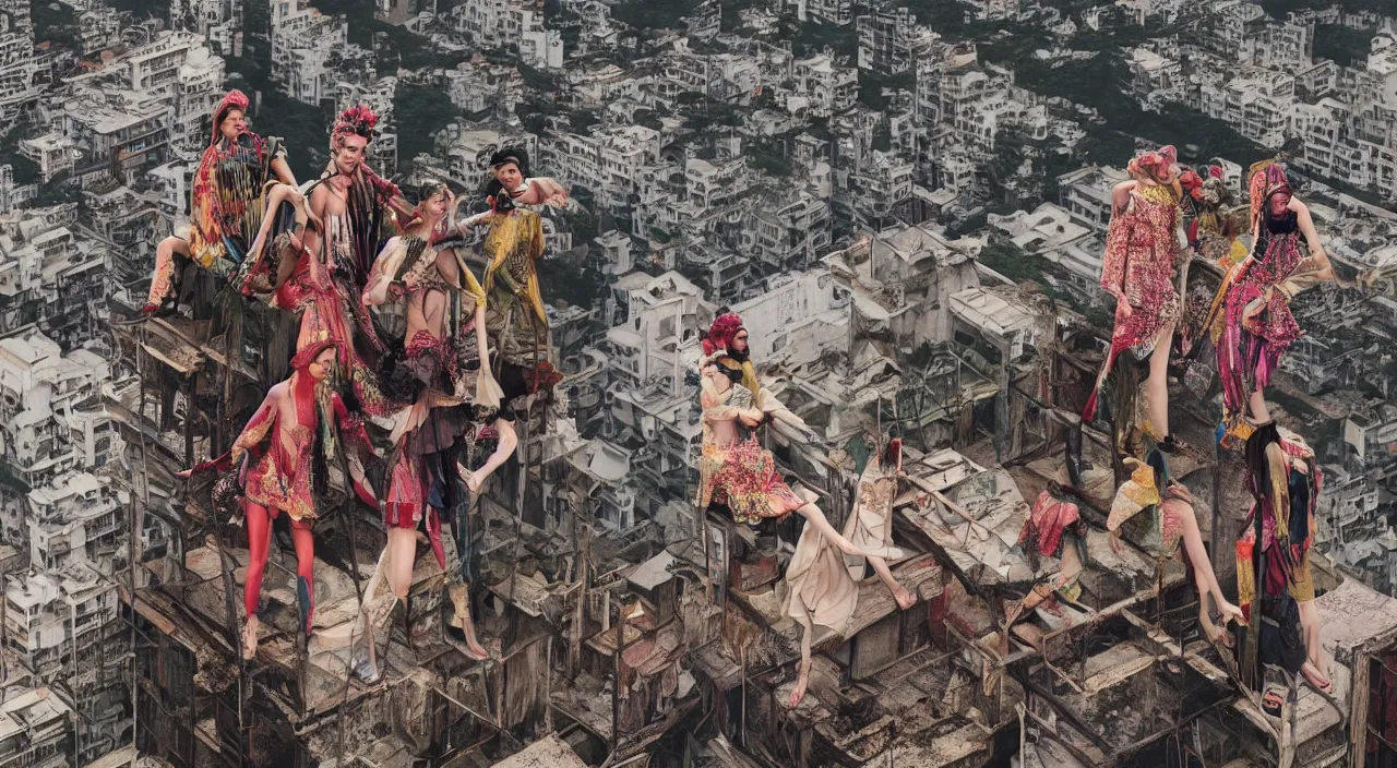 Image similar to fashion editorial by jimmy nelson. on a roof. in hong kong