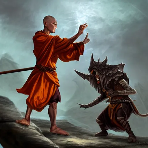 Prompt: a fantasy matte painting of a dnd monk fighting a creature, detailed, realism dnd,