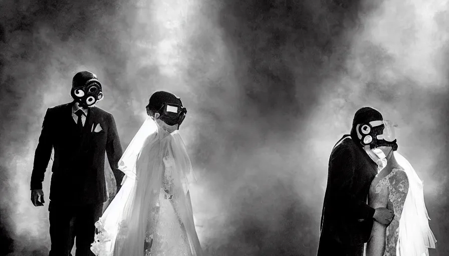 Image similar to disturbing big budget hollywood movie bride and groom wearing gas masks at the marriage of reason and squalor perfect composition dramatic lighting chiaroscuro