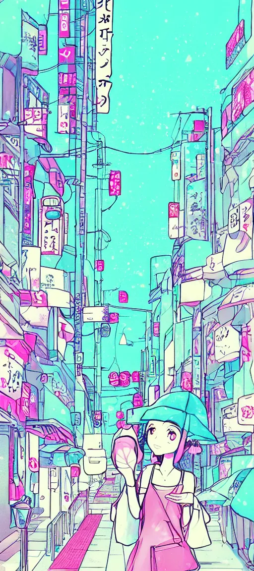 Prompt: beautiful drawing style vaporware cartoon japan, kawaii rainy gloomy, illustration, aesthetic, minimalistic!! simple, neon pastel, in the style of shoujo ai manga