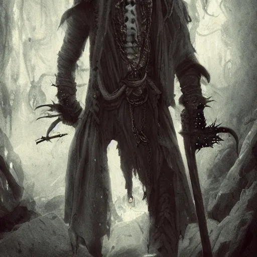 Prompt: portrait of a ghostly pirate, head and torso, standing in a grotto, holding a sword, intricate, elegant, highly detailed, lovecraft, digital painting, artstation, concept art, smooth, sharp focus uhd 8 k, dark, atmospheric, santiago caruso, chris cunningham