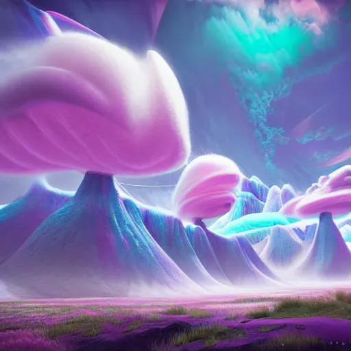 Image similar to a psychedelic realm with rolling plains made out of clouds, mountains made out of icebergs, and plant life made out of cotton candy, in the style of wlop and namek, illustration, epic, fantasy, hyper detailed, smooth, unreal engine, sharp focus, ray tracing