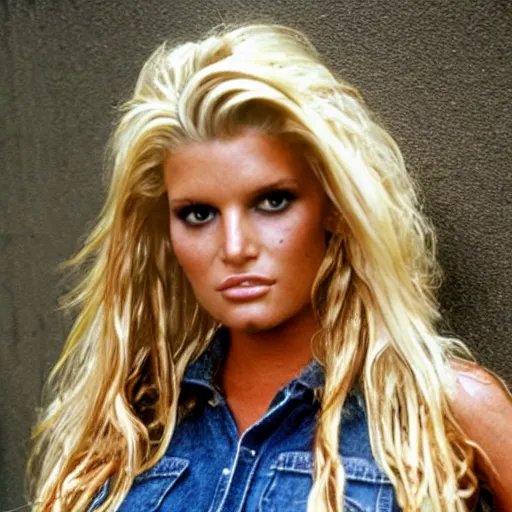Image similar to Jessica Simpson dressed like daisy duke leaning against a wall in the rain, modeling shot,