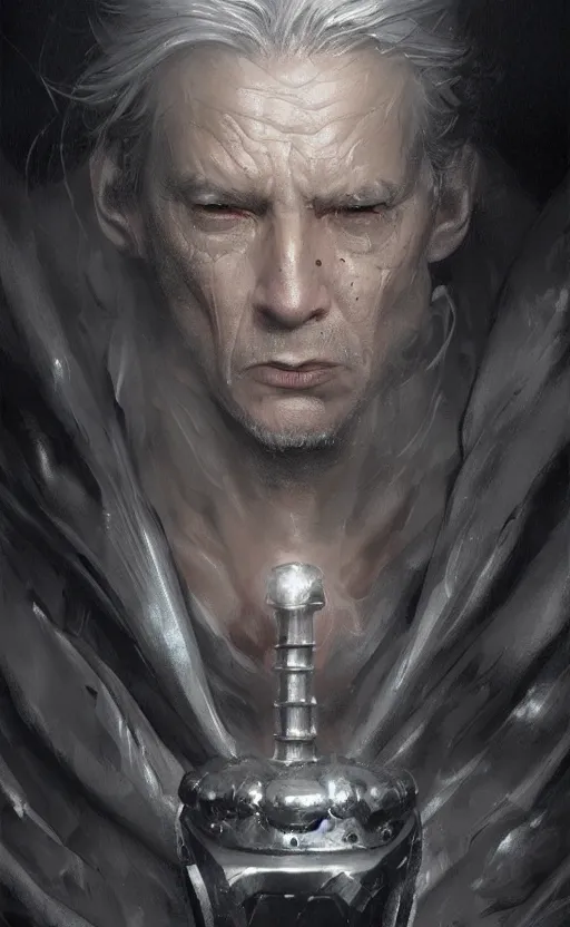 Prompt: portrait man with silver hair wearing a black cloak, white eyes, holding a warhammer, fantasy, highly detailed, cinematic lighting, digital art painting by greg rutkowski