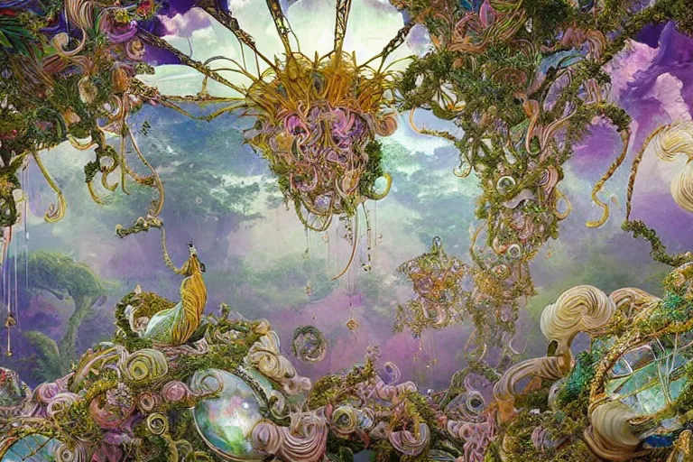 Prompt: a huge flock of many ornate intricate puffy filigreed clouds tangled into large whirling ultra detailed crystal specimens, art nouveau jungle environment, playful, award winning art, epic dreamlike fantasy landscape, ultra realistic,