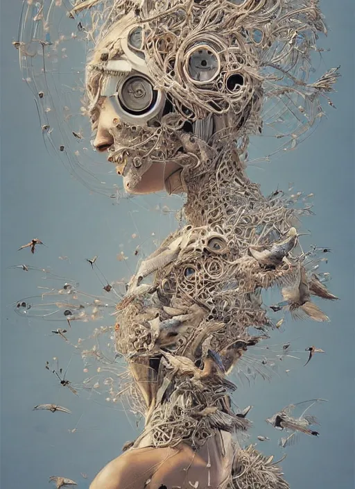 Prompt: a beautiful full body portrait of a robot with many birds, cinematic, intricate linework, photorealism, ellen jewett, alessio albi, artgerm