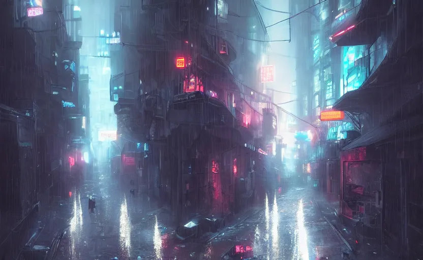 Prompt: dark street in a cyberpunk metropolis, heavy rain, by William-Adolphe Bouguerea, Jordan grimmer, fractal flame. Highly_detailded