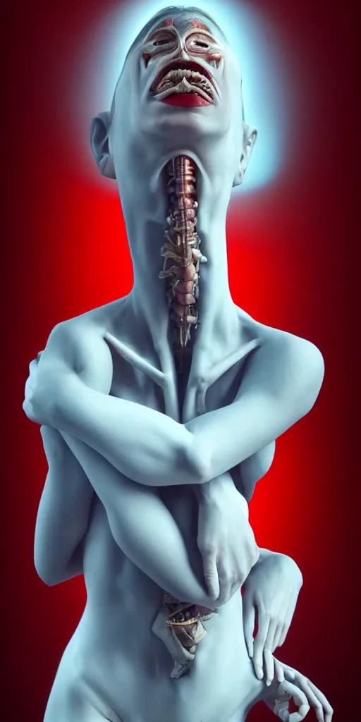 Image similar to poster design, full body anatomical model, 3 d photographic render of a deconstructed asymmetric human anatomical correct human body, in hoc signo vinces, waterfall, in the style of leonora carrington, gottfried helnwein, intricate composition, blue light by caravaggio, insanely quality, highly detailed, masterpiece, red light, artstation