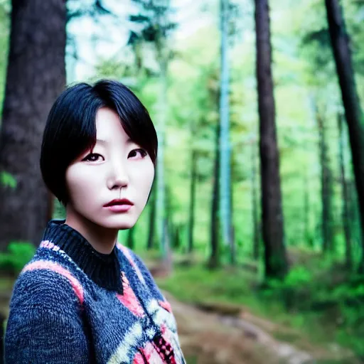 Image similar to close up portrait of an korean woman with beautiful face and modern clothes standing outside of an old cabin, forest in the background, bokeh, depth of field, dramatic lighting, cinematic, vivid colors, matte painting, vivid color scheme