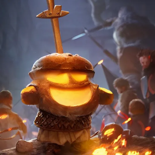 Image similar to viking battle toast, a slice of toasted bread with a face, arms and legs, holding a sword, cute, pixar, volumetric lighting, dynamic composition, fantasy, hyper detailed, ultra realistic, sharp focus, octane render, concept art by ruan jia and heng z and artem