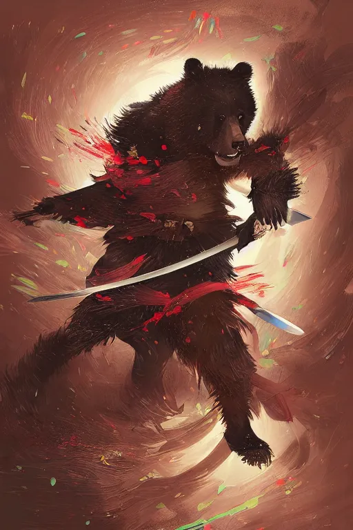 Image similar to professional digital art manga anime rendering of a bear dressed as a ninja fighting with a katana. colorful design. higly detailed, intricate, greg rutkowski, anime manga style, trending on art station.