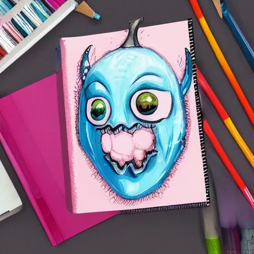 Prompt: crying cute eyes mouth pink ice cream, blue waffle cone, jester themed, intricate concept art, thick line drawing, 1 9 8 3 horror painted book cover art