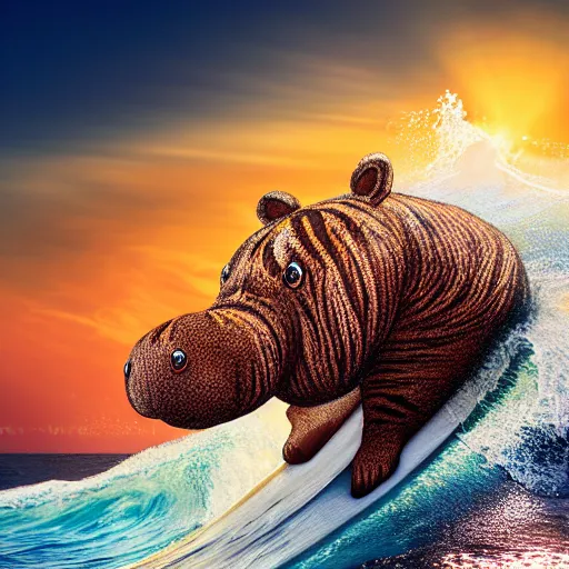 Image similar to a closeup photorealistic photograph of a smiling cute knitted tiger hippopotamus riding a large wave during sunset. surf in the background. professional capture. brightly lit scene. this 4 k hd image is trending on artstation, featured on behance, well - rendered, extra crisp, features intricate detail, epic composition and the style of unreal engine.