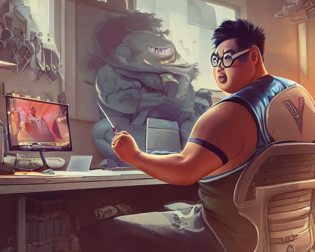 Image similar to an insanely detailed painting of a slightly chubby, nerdy asian man wearing a superhero costume, sitting at a desk, staring at the nervously at the computer and typing, in the style of peter mohrbacher, dramatic lighting and composition, octane render, pixar, trending on artstation, concept art, comic book, view from behind