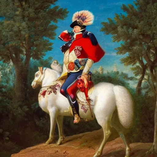 Prompt: a squirrel carrying napoleon bonaparte on its back, beach scene with flowers and foliage, detailed oil painting