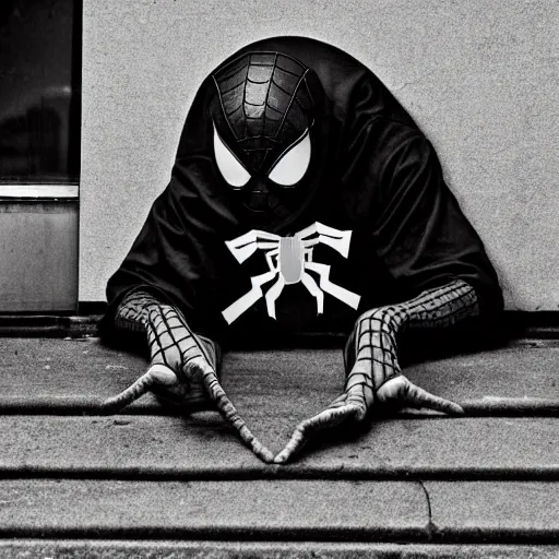 Image similar to fine art photography : spiderman caught homeless