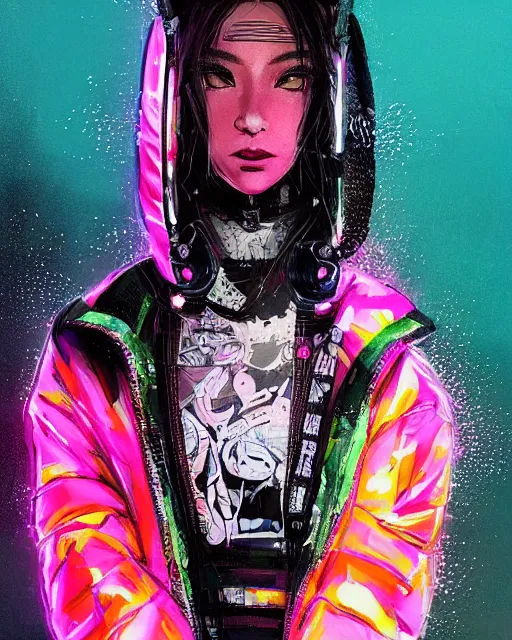 Image similar to detailed portrait Neon Operator Girl, cyberpunk futuristic neon, reflective puffer jacket, black leggings, decorated with traditional Japanese ornaments by Ismail inceoglu dragan bibin hans thoma !dream detailed portrait Neon Operator Girl, cyberpunk futuristic neon, reflective puffy coat, decorated with traditional Japanese ornaments by Ismail inceoglu dragan bibin hans thoma greg rutkowski Alexandros Pyromallis Nekro Rene Maritte Illustrated, Perfect face, fine details, realistic shaded, fine-face, pretty face