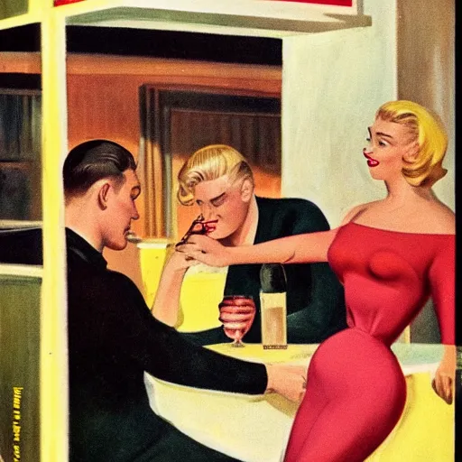 Prompt: a 1 9 5 0 s sultry curvy blonde woman seducing two men in a bar. both men have great hair. one is muscular with brown hair. the other has black hair and beard, style of edward hopper, vintage, magazine cover