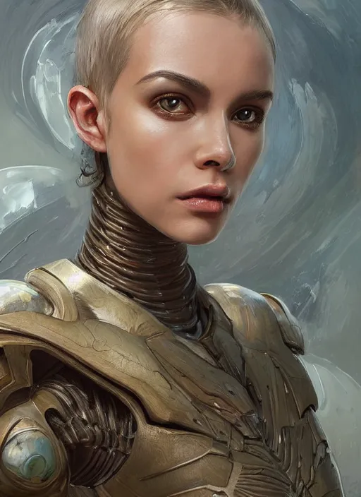 Image similar to a professional painting of a beautiful young female alien, clothed in ethereal armor, olive skin, long dark hair, beautiful bone structure, symmetrical facial features, intricate, elegant, digital painting, concept art, smooth, sharp focus, illustration, from Valerian and the City of a Thousand Planets, by Ruan Jia and Mandy Jurgens and Artgerm and William-Adolphe Bouguerea